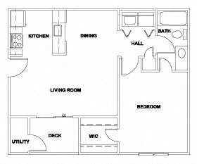Floor plan for 1 bed, 1 bath, 660 sqft